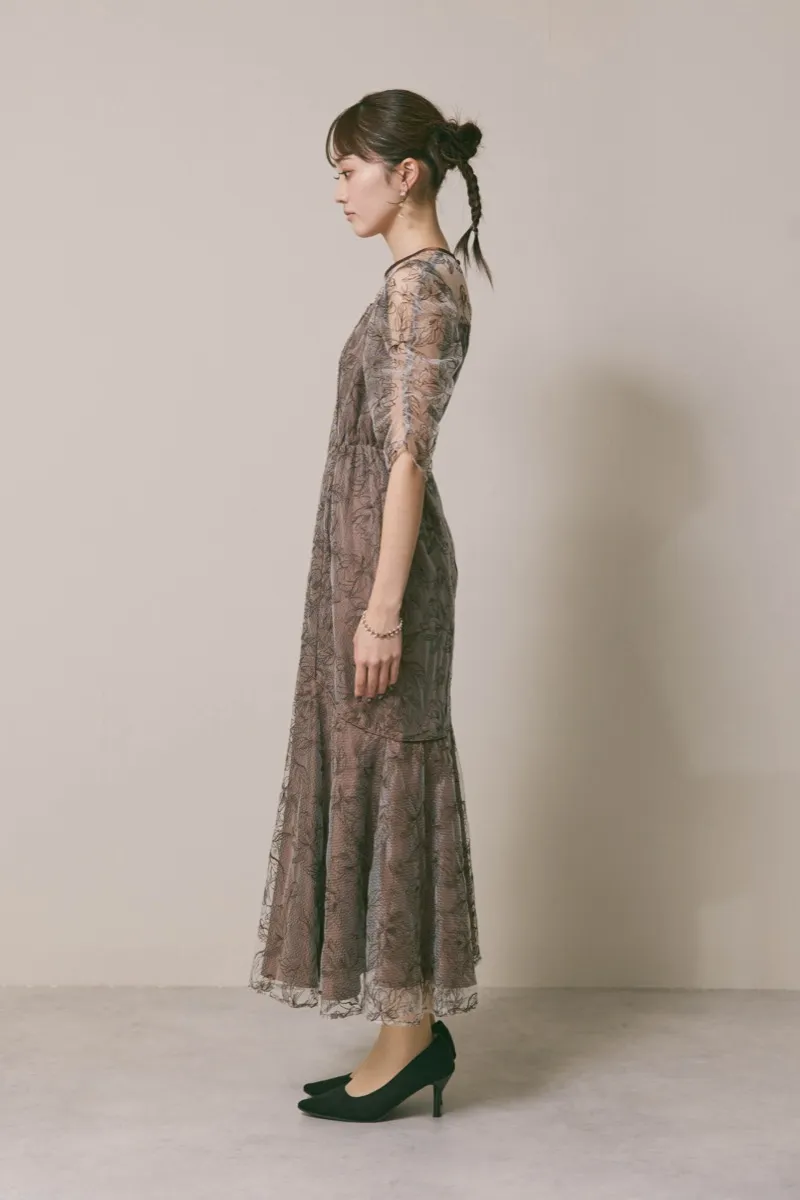 ブラウンのフローラルチュールマーメイドドレス　M/Select Shop