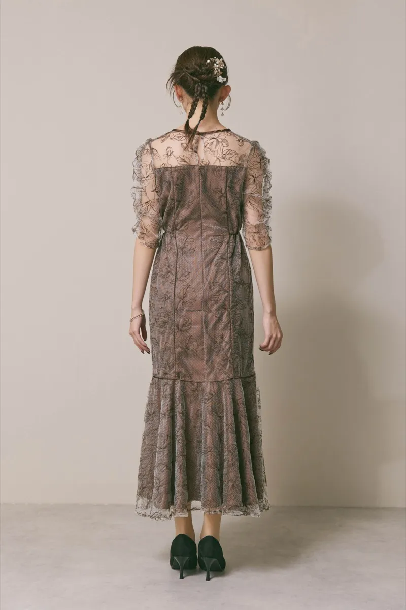 ブラウンのフローラルチュールマーメイドドレス　M/Select Shop