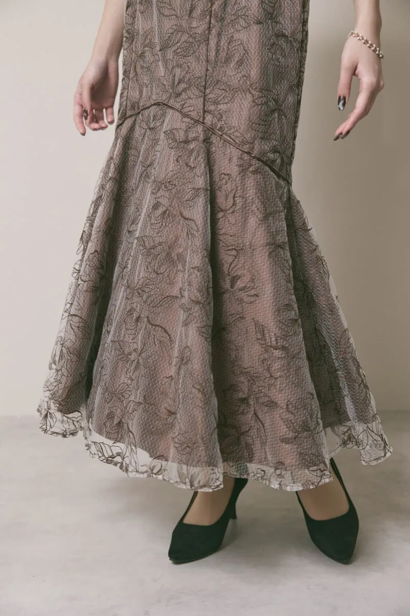 ブラウンのフローラルチュールマーメイドドレス　M/Select Shop