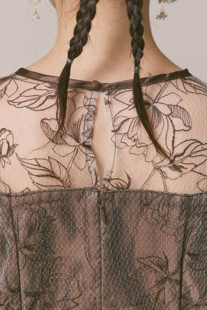 ブラウンのフローラルチュールマーメイドドレス　M/Select Shop