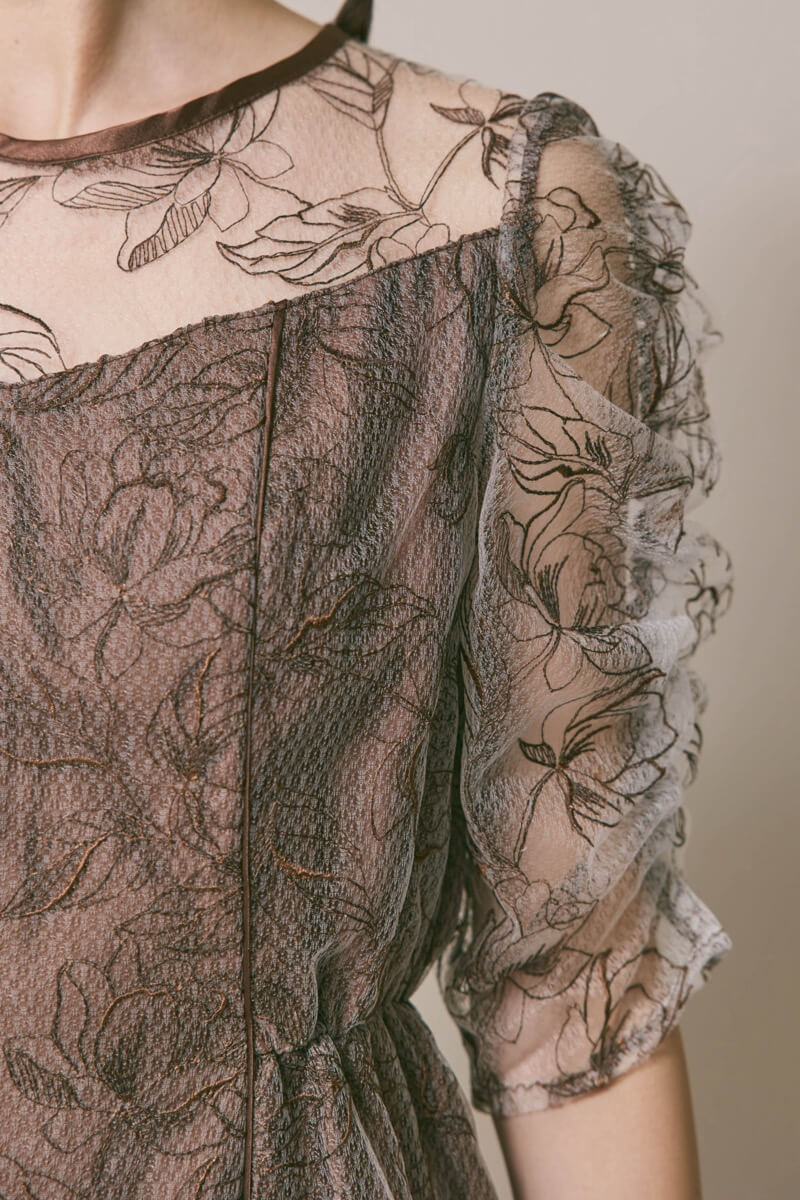 ブラウンのフローラルチュールマーメイドドレス　M/Select Shop