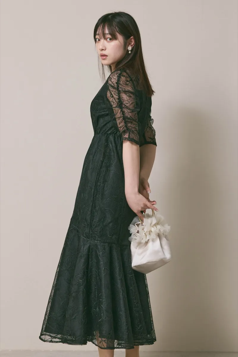 ブラックのフローラルチュールマーメイドドレス　M/Select Shop