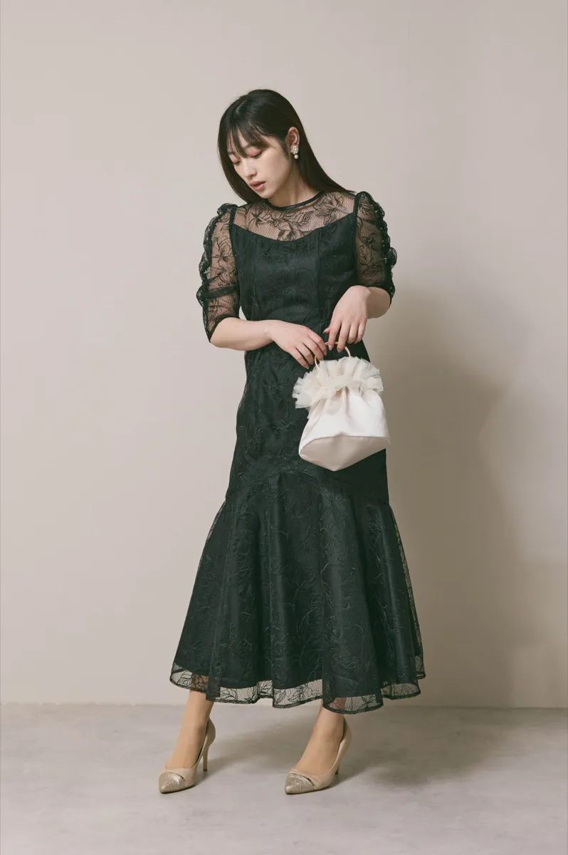 ブラックのフローラルチュールマーメイドドレス　M/Select Shop