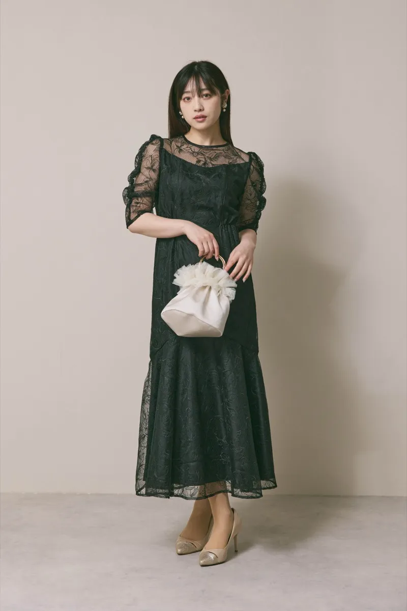 ブラックのフローラルチュールマーメイドドレス　M/Select Shop