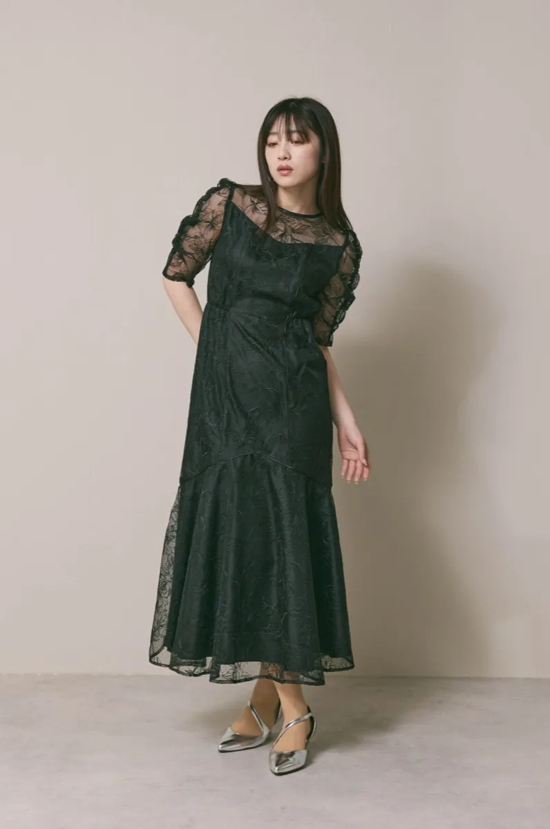 ブラックのフローラルチュールマーメイドドレス　M/Select Shop