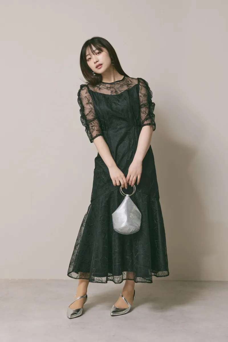 ブラックのフローラルチュールマーメイドドレス　M/Select Shop