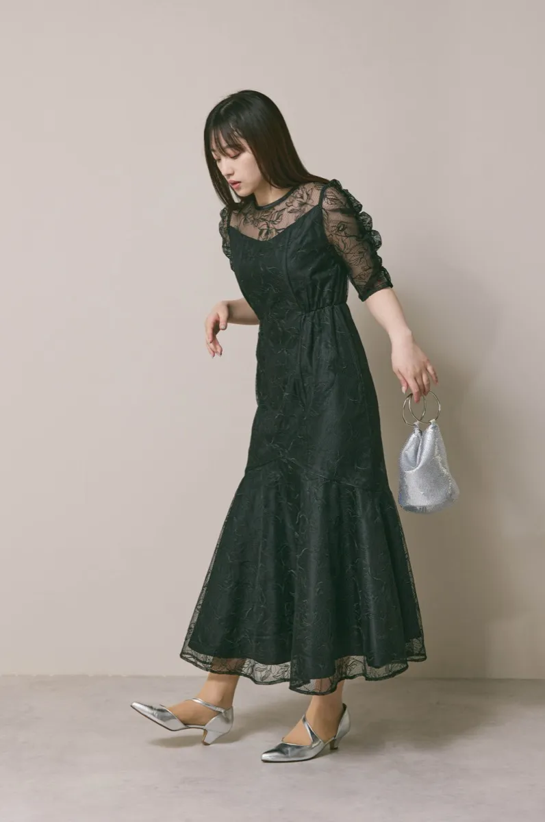 ブラックのフローラルチュールマーメイドドレス　M/Select Shop