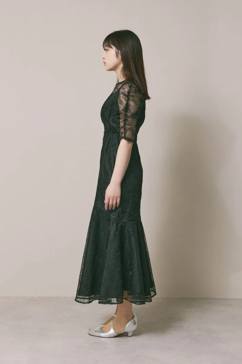 ブラックのフローラルチュールマーメイドドレス　M/Select Shop