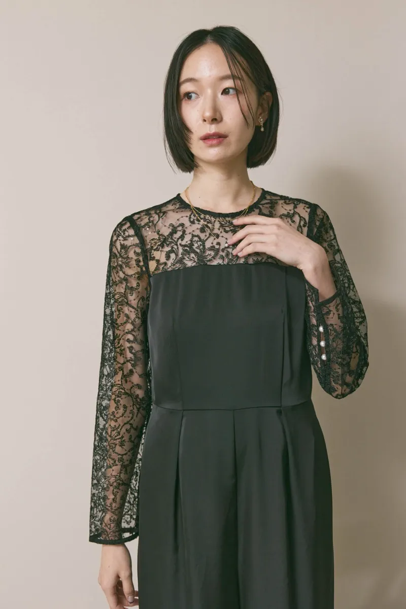 ブラックのシークエンブロイダリーパンツドレス　M/kaene