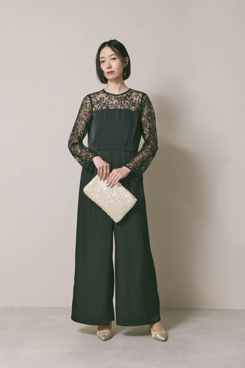 ブラックのシークエンブロイダリーパンツドレス　M/kaene