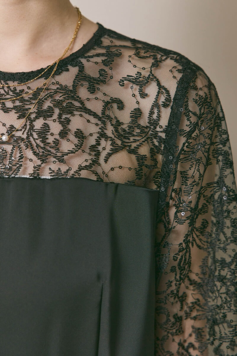 ブラックのシークエンブロイダリーパンツドレス　M/kaene