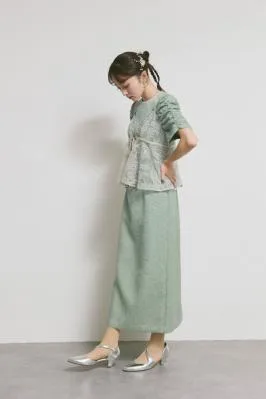 グリーンのスパンコールレースビスチェドレス　M/kaene