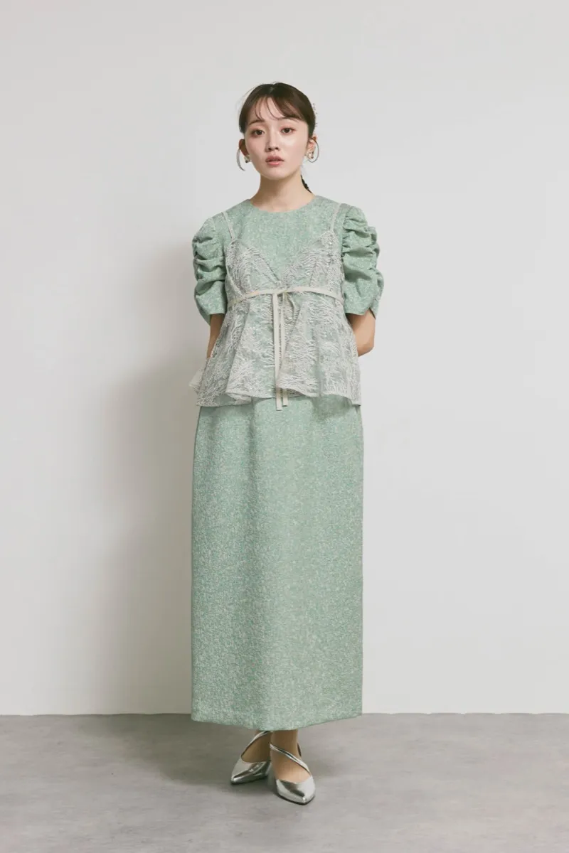 グリーンのスパンコールレースビスチェドレス　M/kaene