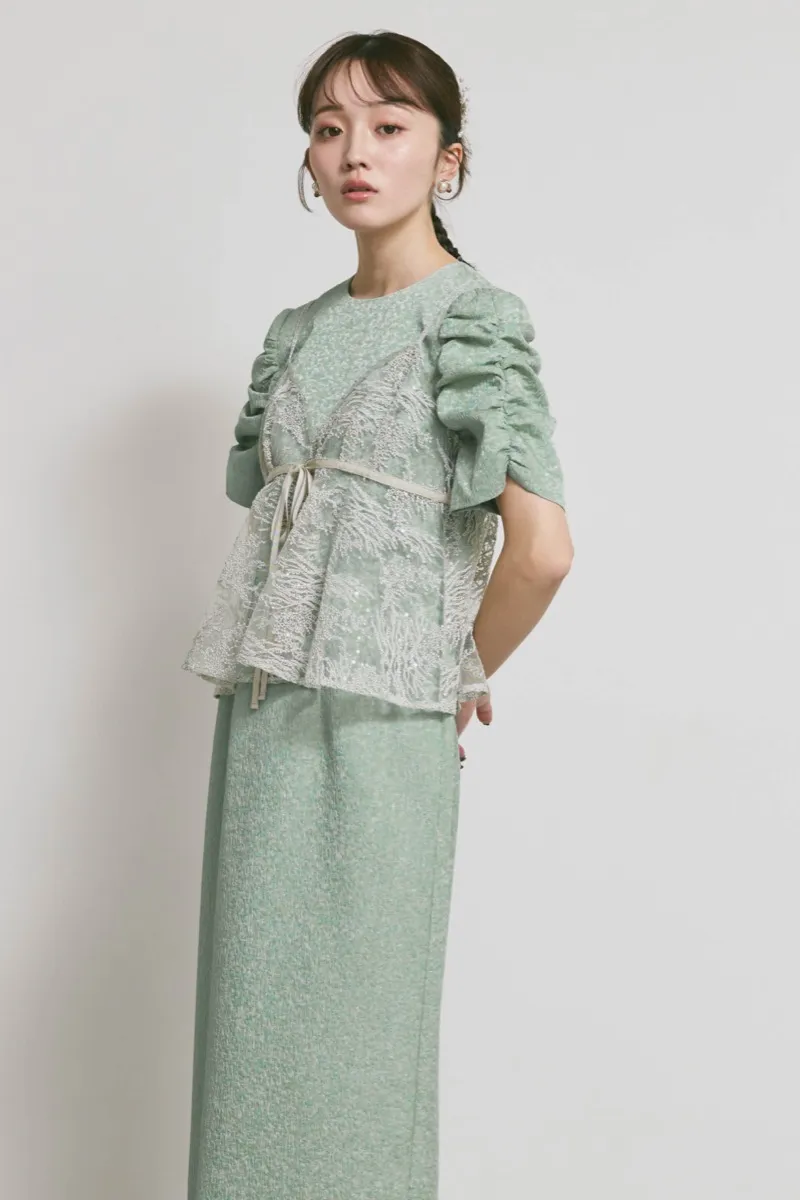 グリーンのスパンコールレースビスチェドレス　M/kaene