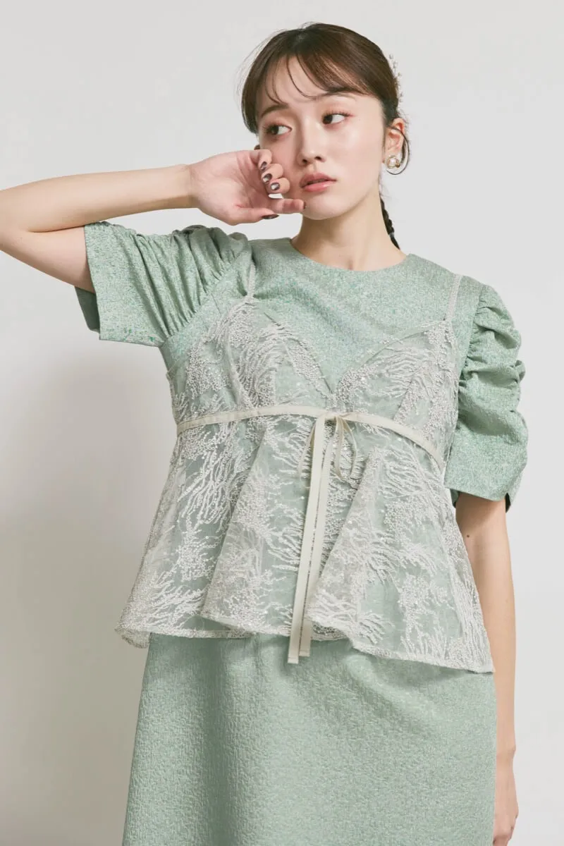 グリーンのスパンコールレースビスチェドレス　M/kaene