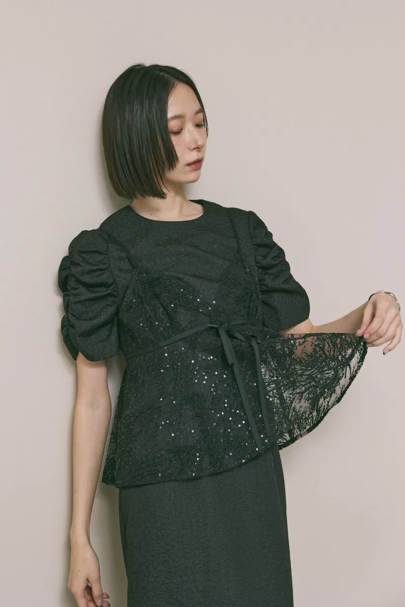 ブラックのスパンコールレースビスチェドレス　M/kaene