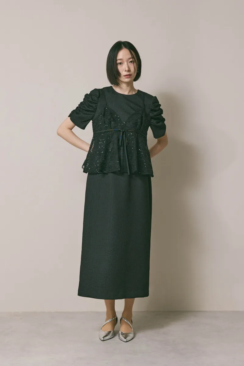 ブラックのスパンコールレースビスチェドレス　M/kaene