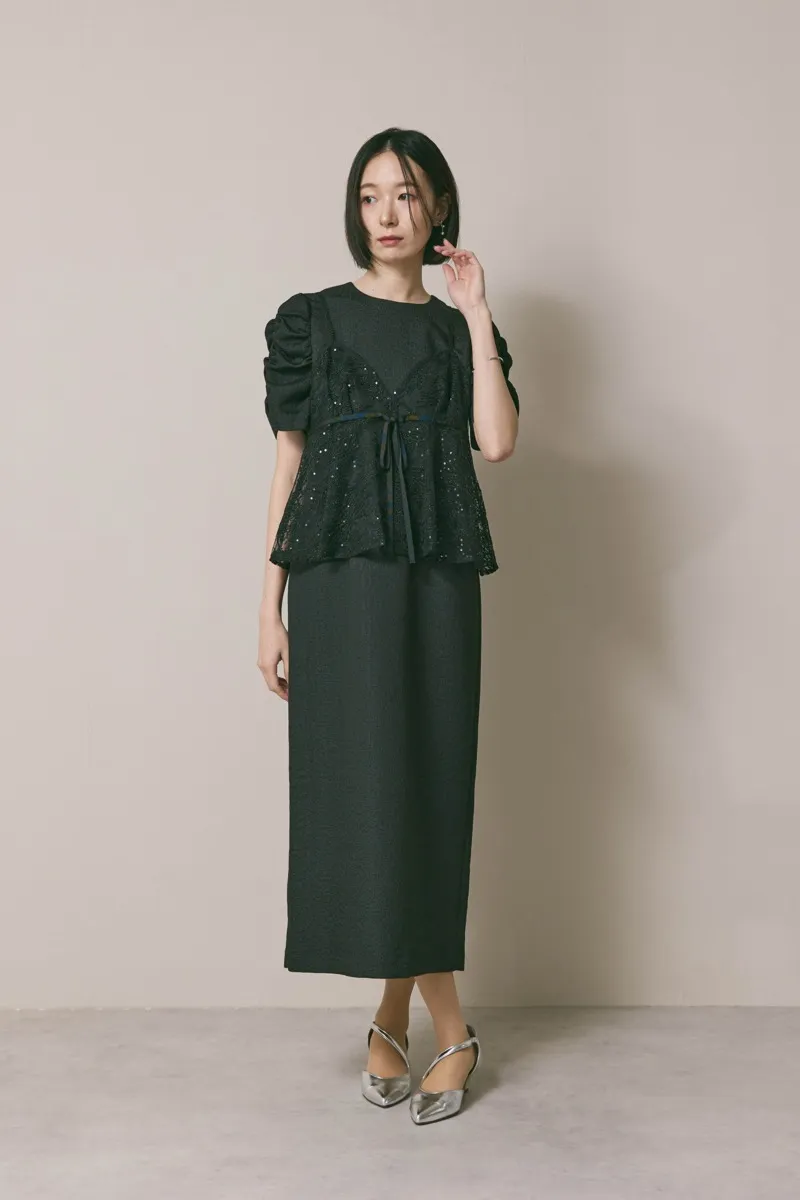 ブラックのスパンコールレースビスチェドレス　M/kaene
