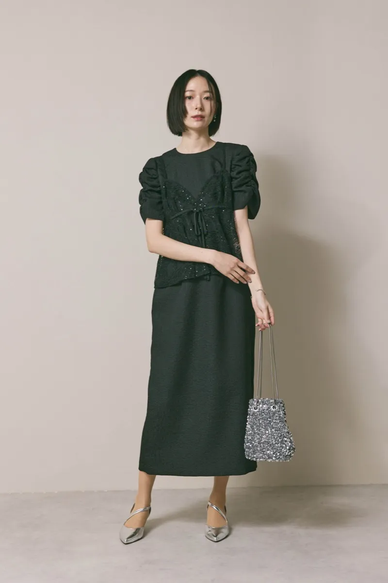 ブラックのスパンコールレースビスチェドレス　M/kaene