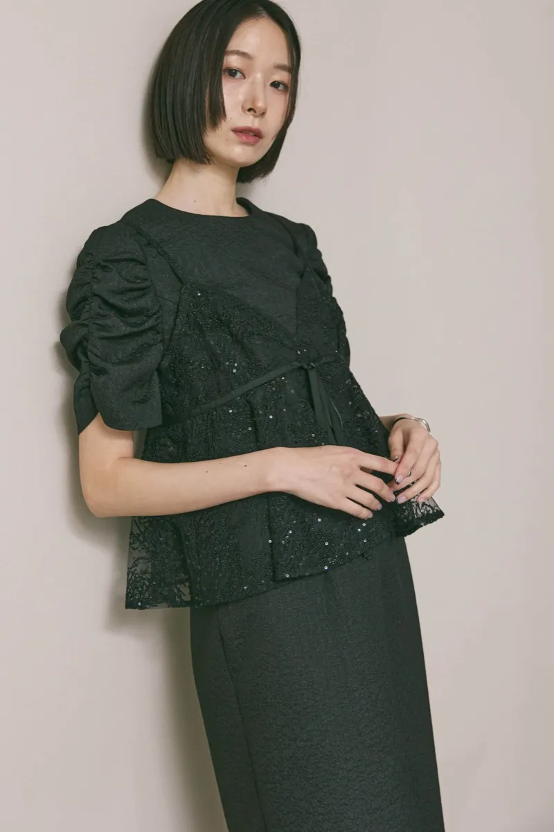 ブラックのスパンコールレースビスチェドレス　M/kaene