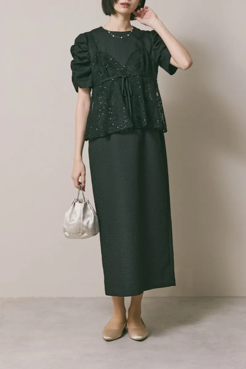 ブラックのスパンコールレースビスチェドレス　M/kaene