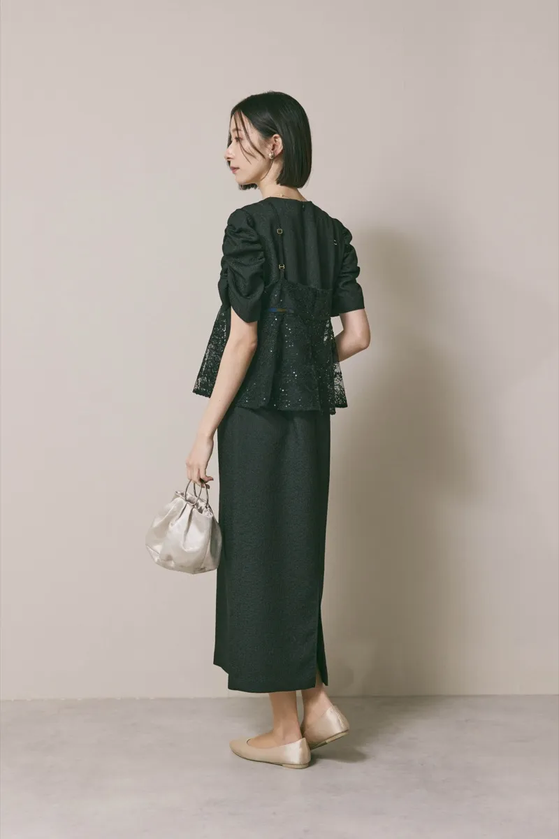 ブラックのスパンコールレースビスチェドレス　M/kaene