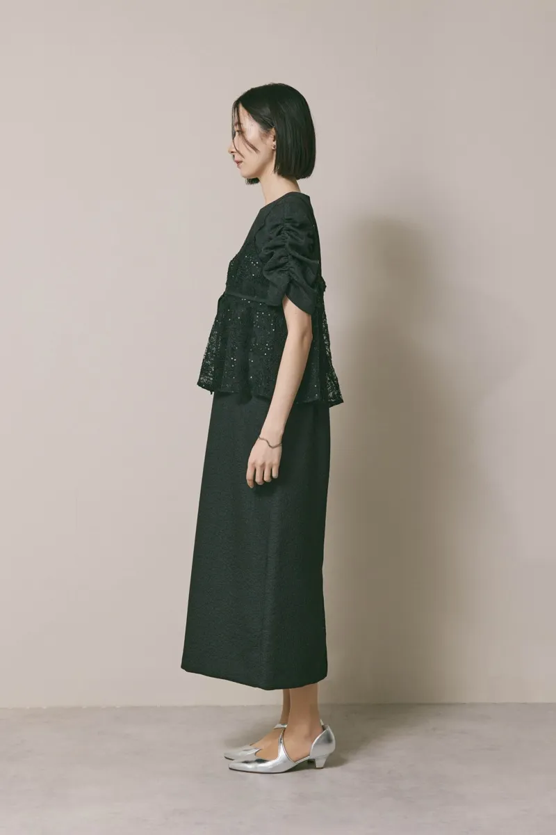 ブラックのスパンコールレースビスチェドレス　M/kaene