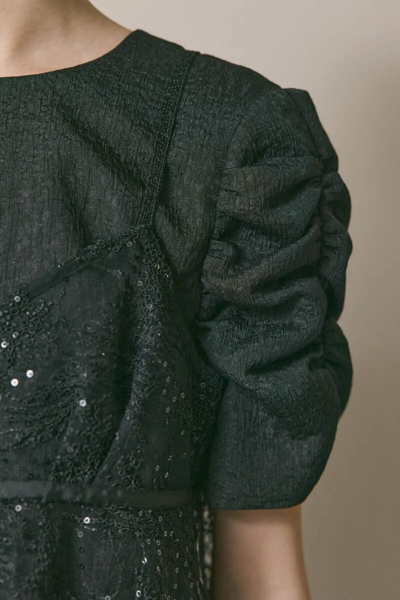 ブラックのスパンコールレースビスチェドレス　M/kaene