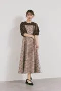 ブラウンのパイピングレース切替ドレス　M/kaene