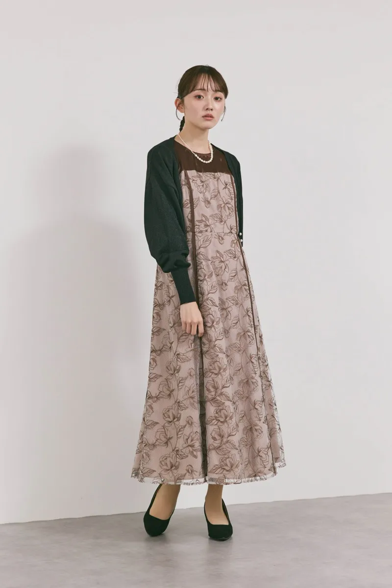 ブラウンのパイピングレース切替ドレス　M/kaene