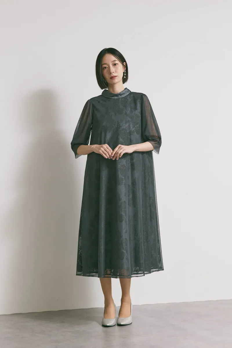 グレーのチュールレースAラインドレス　M/kaene