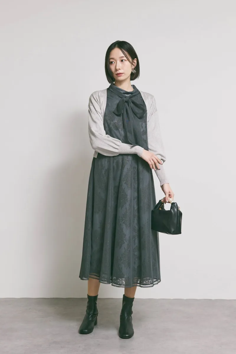 グレーのチュールレースAラインドレス　M/kaene