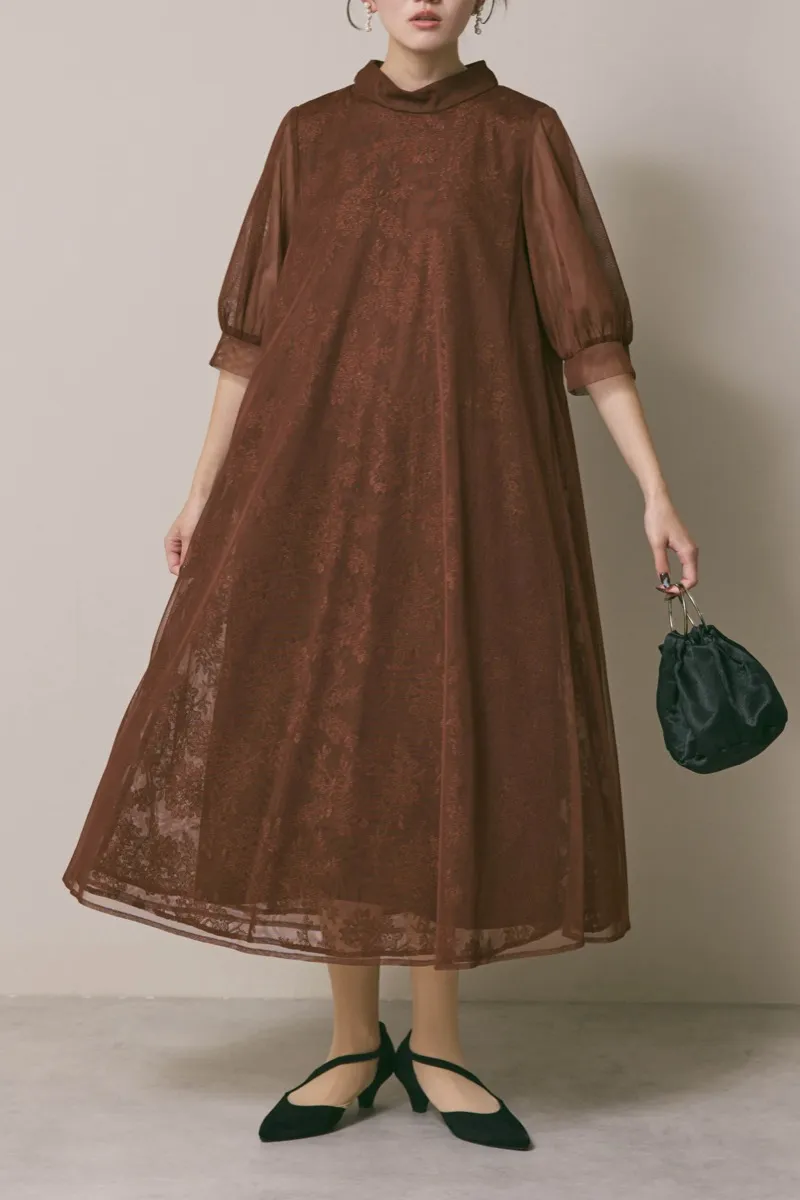 ブラウンのチュールレースAラインドレス　M/kaene