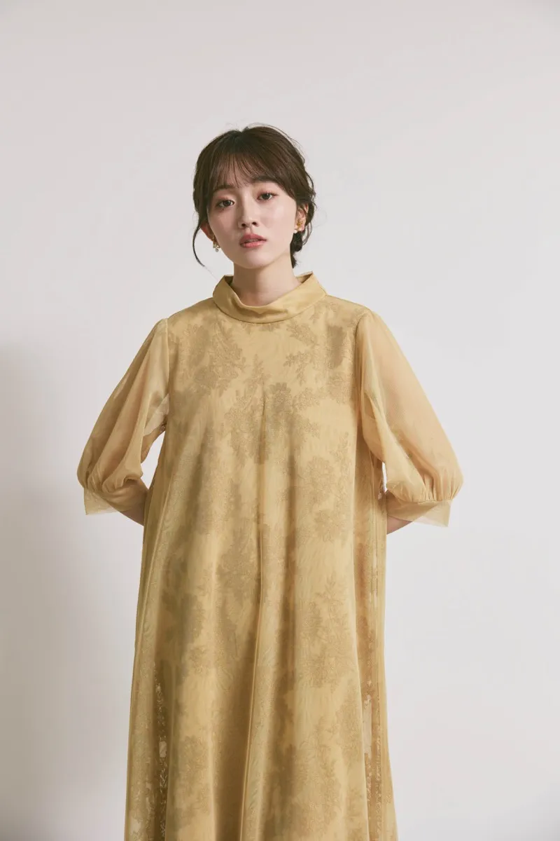 イエローのチュールレースAラインドレス　M/kaene