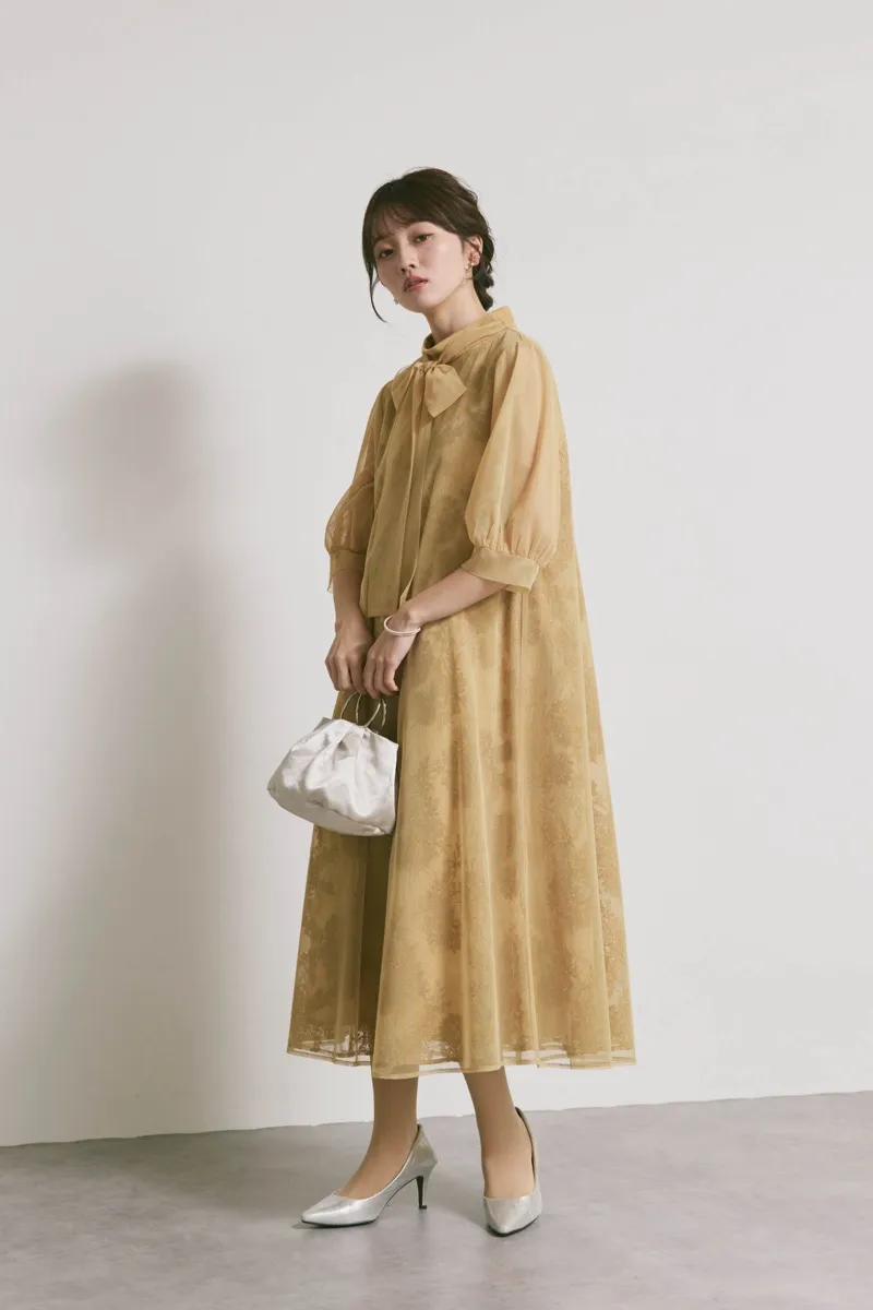 イエローのチュールレースAラインドレス　M/kaene