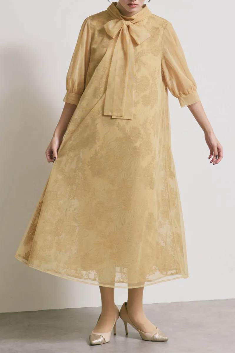 イエローのチュールレースAラインドレス　M/kaene