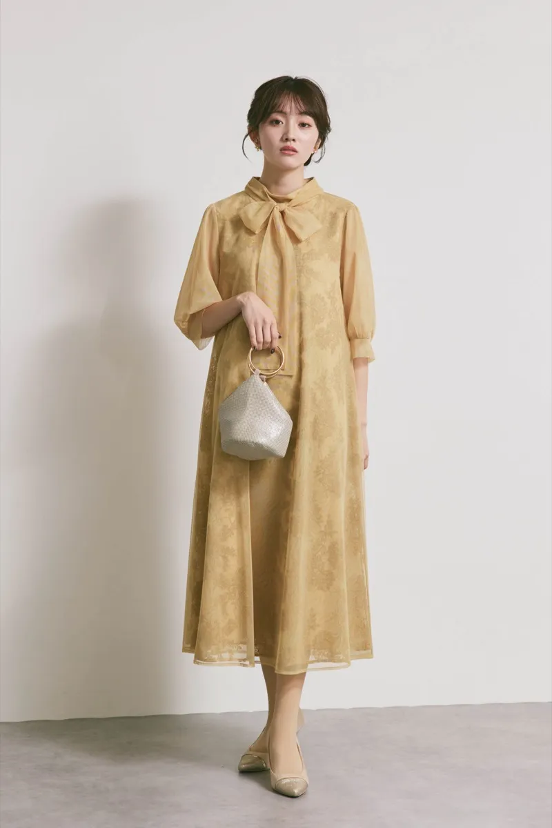 イエローのチュールレースAラインドレス　M/kaene