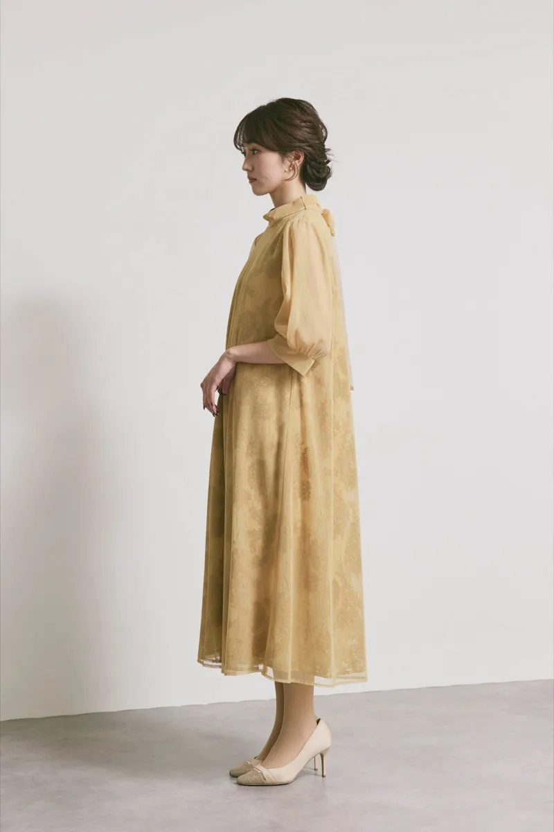 イエローのチュールレースAラインドレス　M/kaene