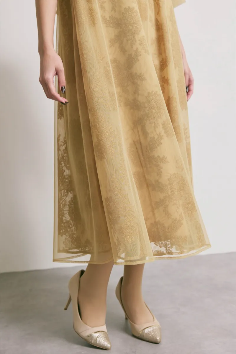 イエローのチュールレースAラインドレス　M/kaene