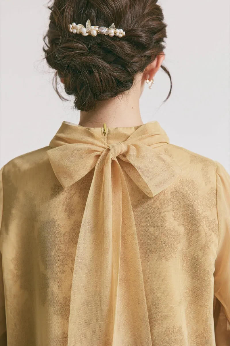 イエローのチュールレースAラインドレス　M/kaene