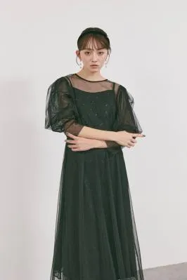 ブラックのシアーエプロンレースドレス　M/kaene