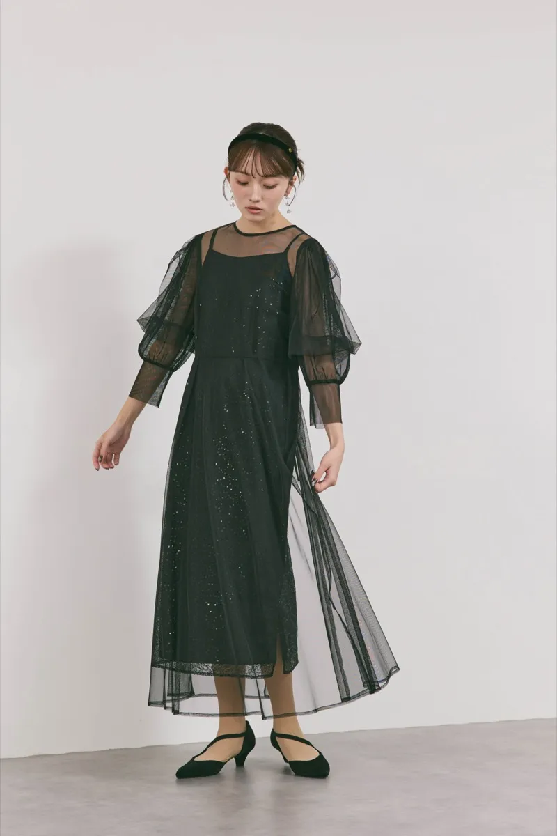 ブラックのシアーエプロンレースドレス　M/kaene