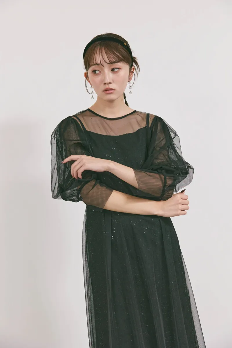 ブラックのシアーエプロンレースドレス　M/kaene