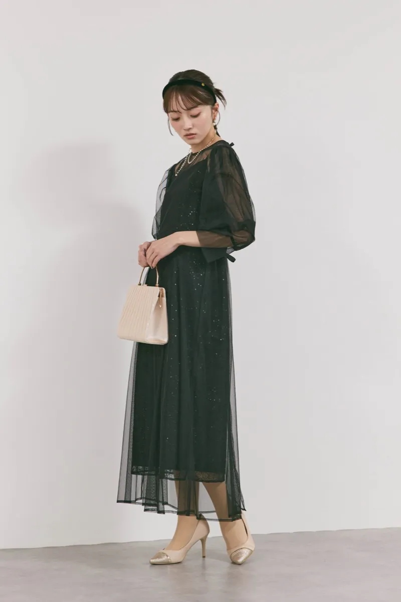 ブラックのシアーエプロンレースドレス　M/kaene