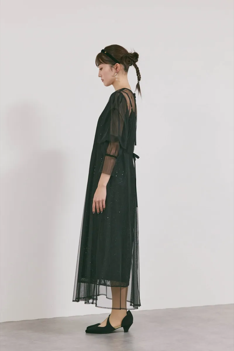 ブラックのシアーエプロンレースドレス　M/kaene