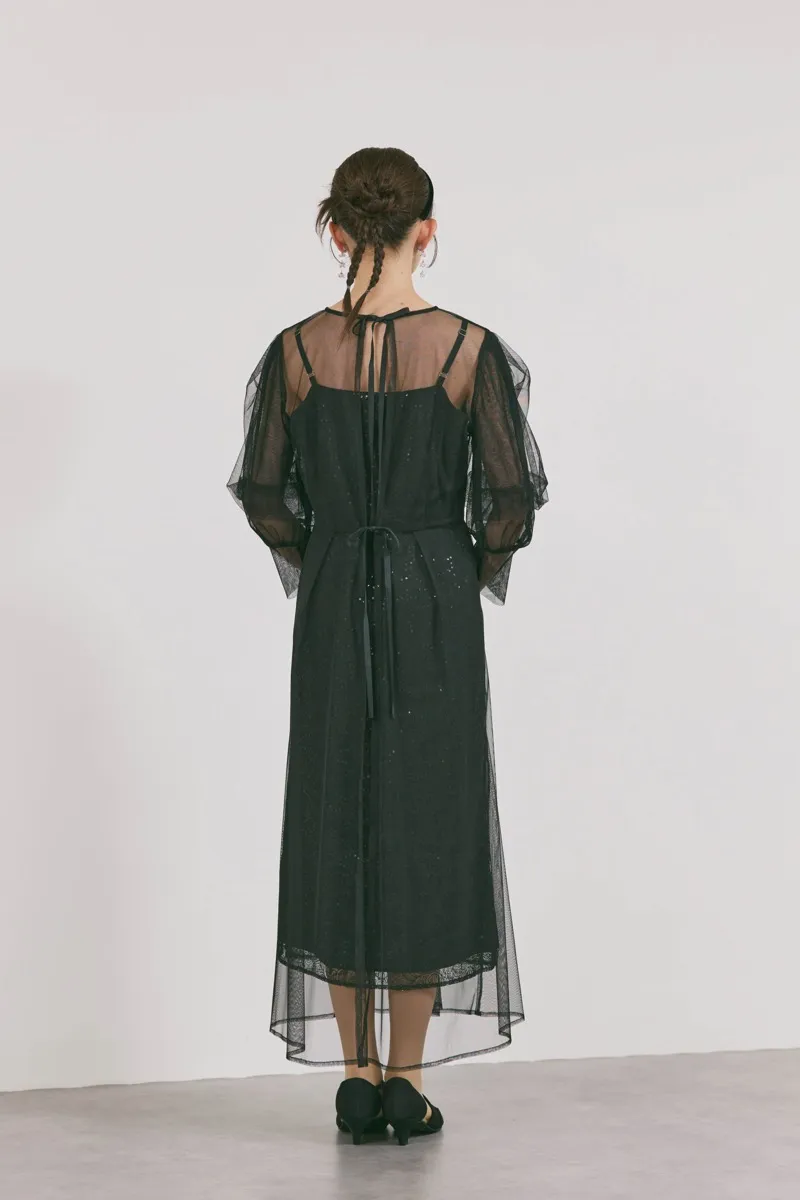 ブラックのシアーエプロンレースドレス　M/kaene