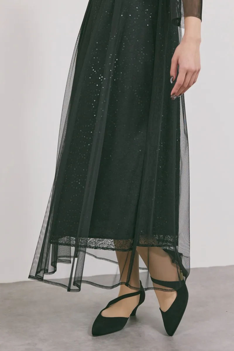 ブラックのシアーエプロンレースドレス　M/kaene