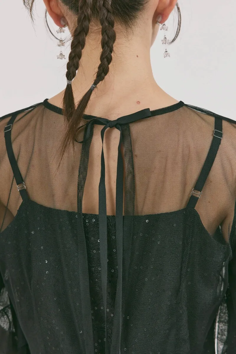 ブラックのシアーエプロンレースドレス　M/kaene