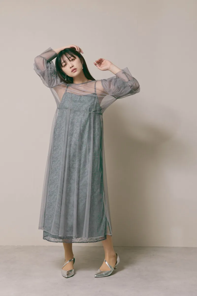 グレーのシアーエプロンレースドレス　M/kaene