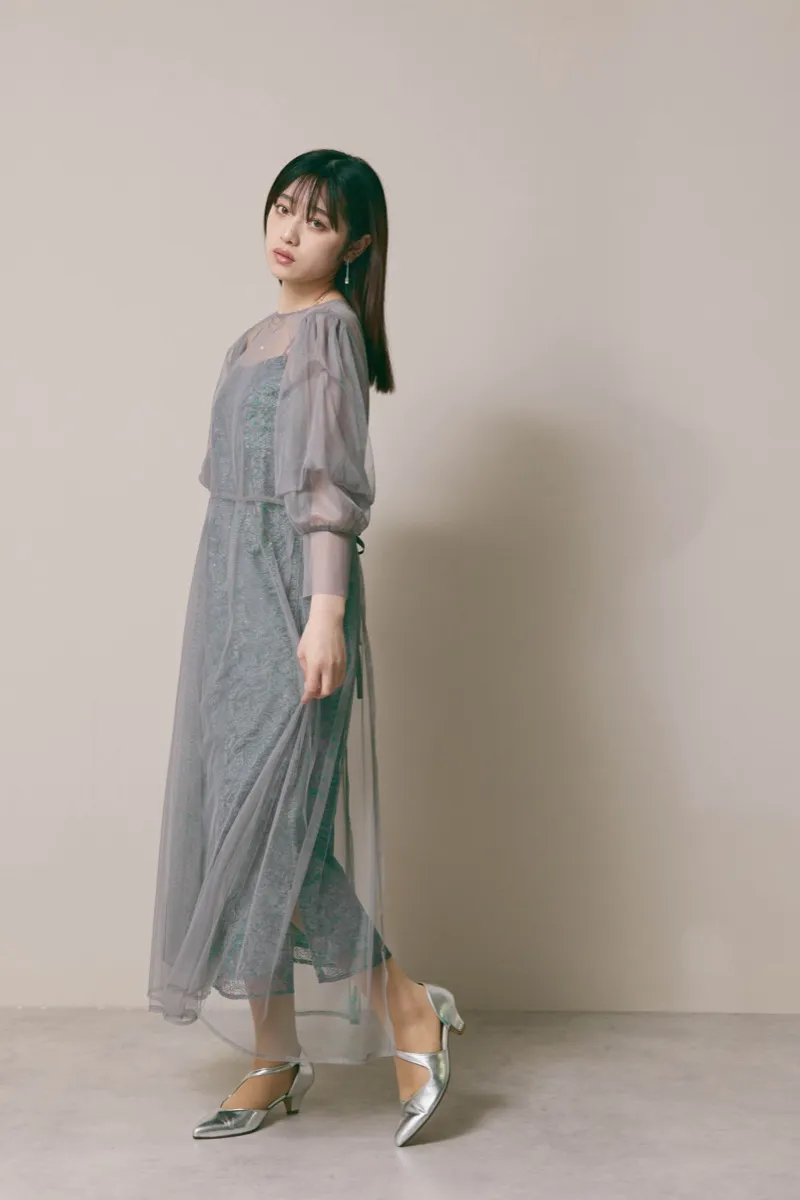 グレーのシアーエプロンレースドレス　M/kaene